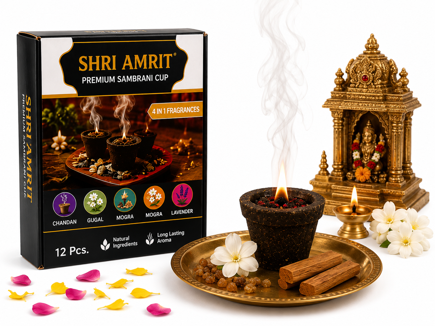 Shri Amrit Premium Sambrani Cup – 4 Divine Fragrances (12 Pcs)