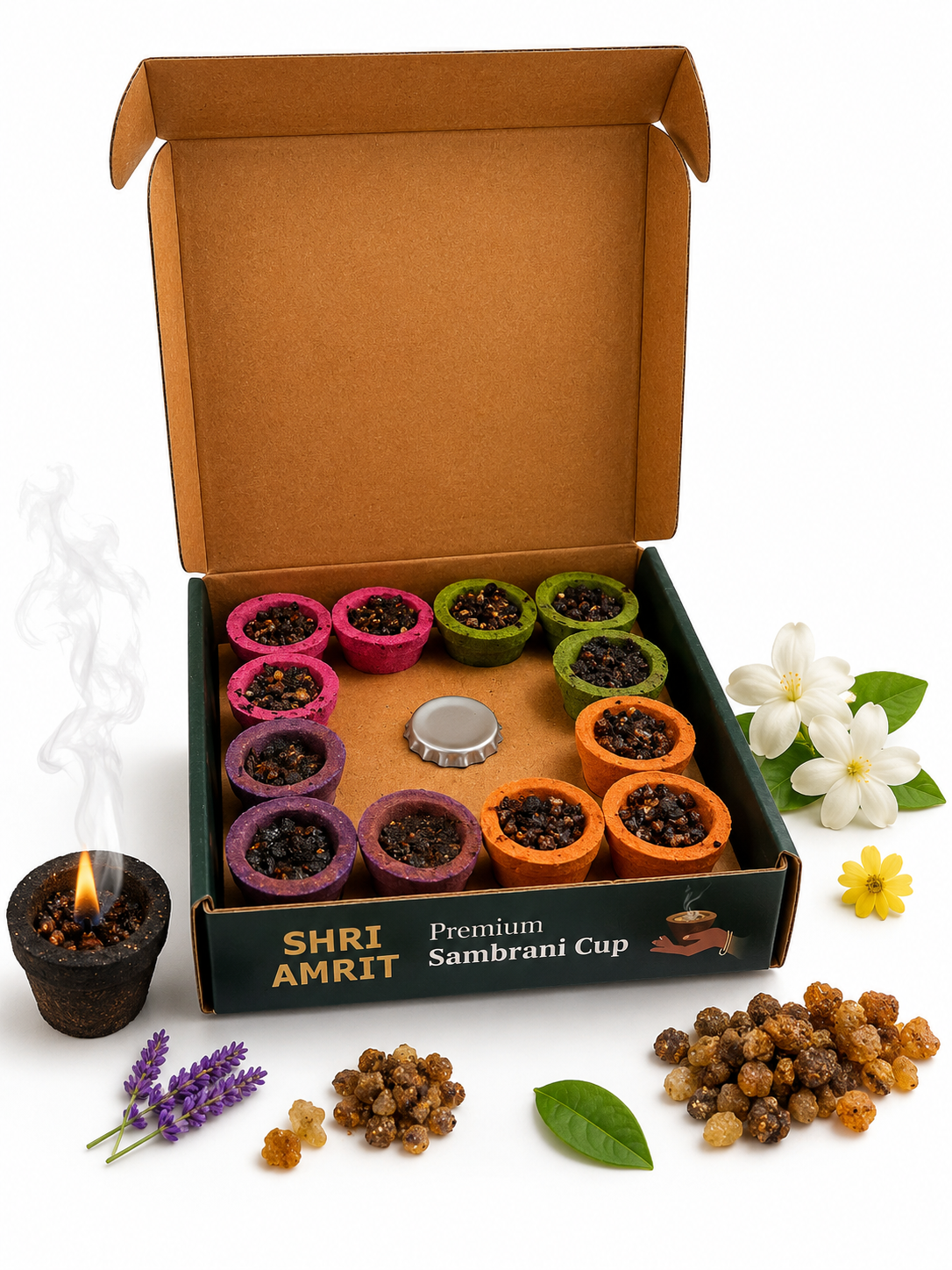 Shri Amrit Premium Sambrani Cup – 4 Divine Fragrances (12 Pcs)