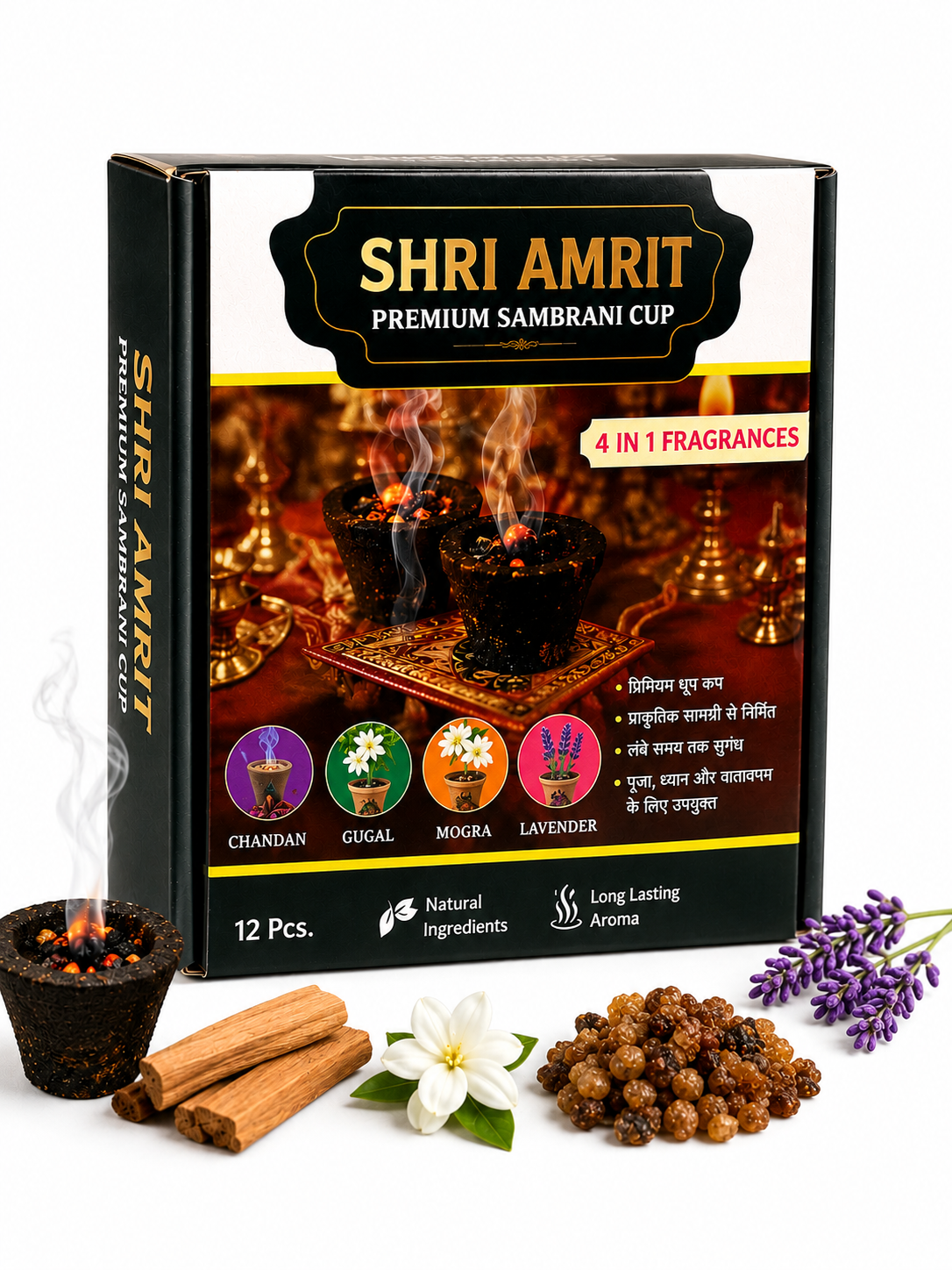 Shri Amrit Premium Sambrani Cup – 4 Divine Fragrances (12 Pcs)