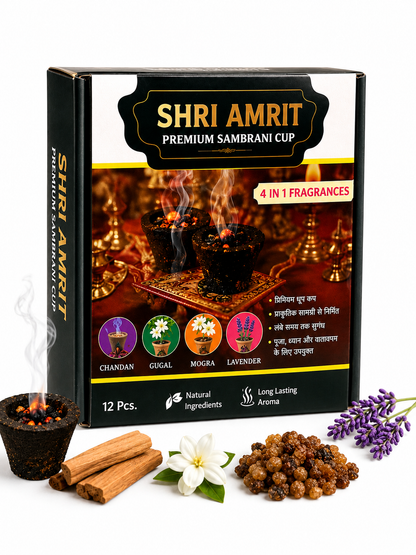 Shri Amrit Premium Sambrani Cup – 4 Divine Fragrances (12 Pcs)