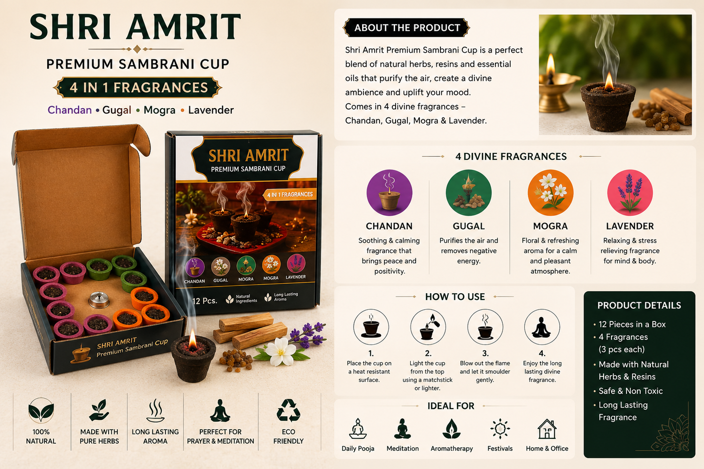Shri Amrit Premium Sambrani Cup – 4 Divine Fragrances (12 Pcs)